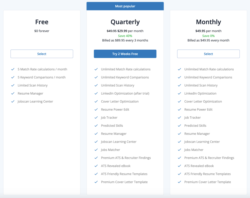 jobscan review: pricing