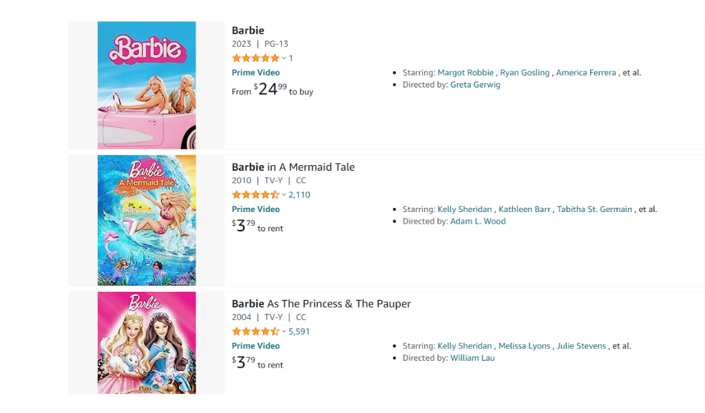 barbie movie list