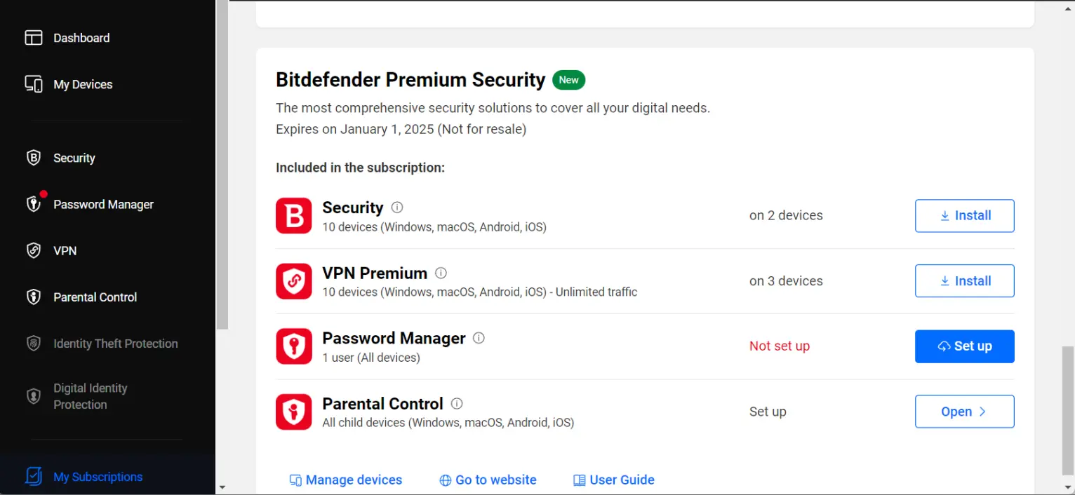 Bitdefender Premium dashboard